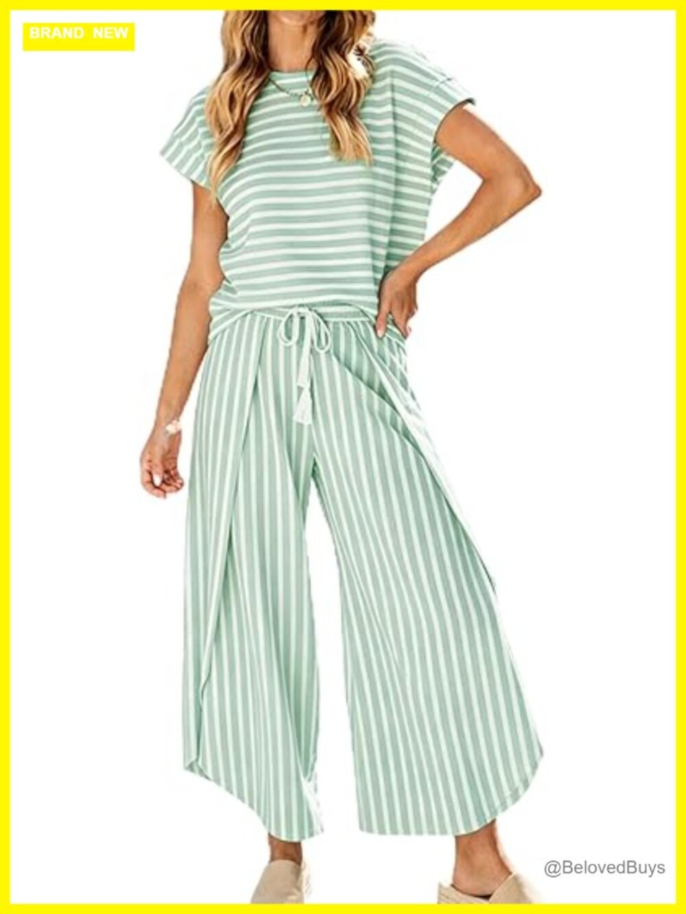 Women's Cap Sleeve Striped Two Piece Outfit Wide Leg Pant Set